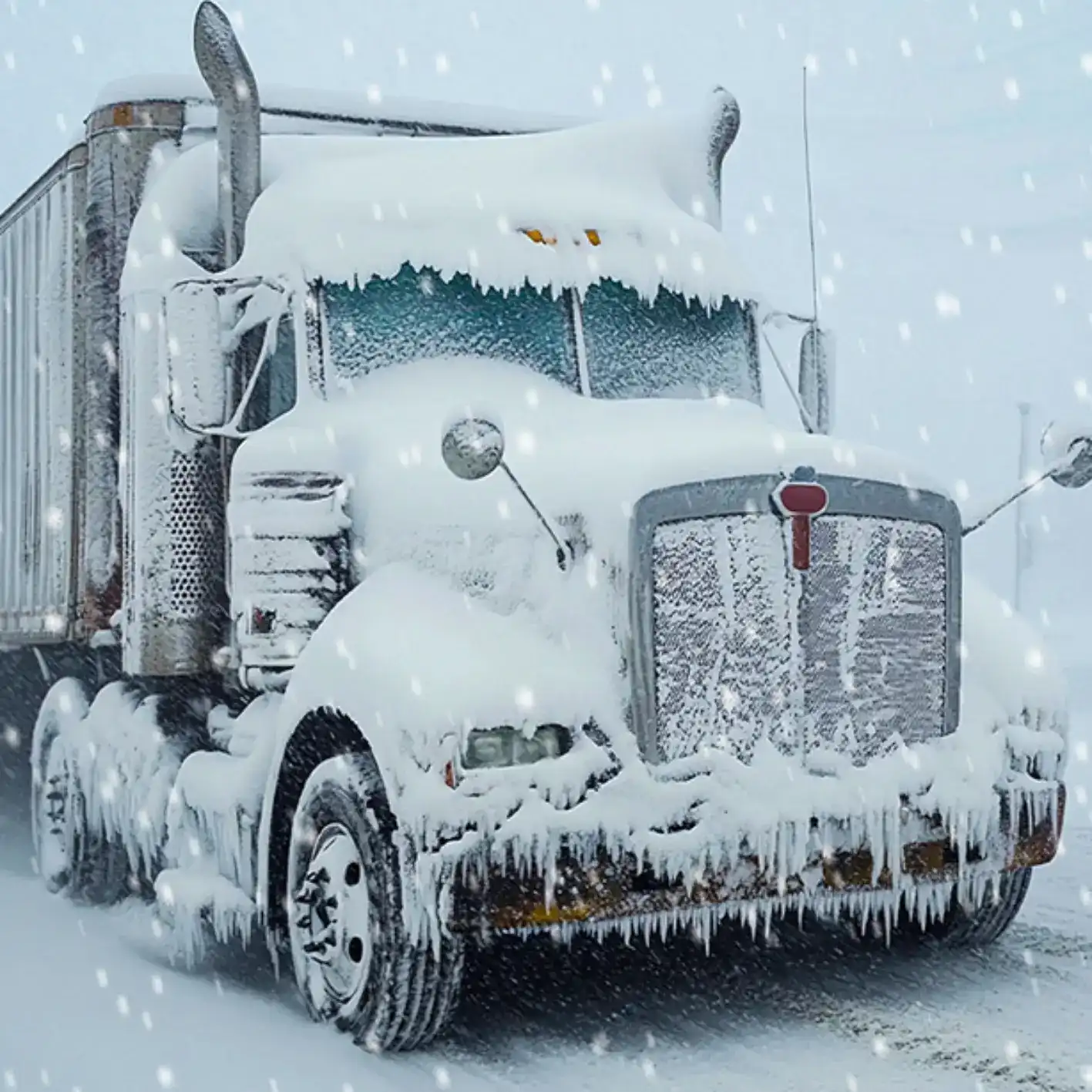 18-wheeler with snow chains on its tires climbing an icy road, depicting extra challenges and costs that impact winter trucking rates.