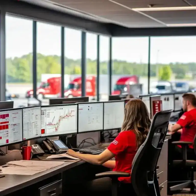 Dispatchers working at a dry van dispatch service center managing freight logistics