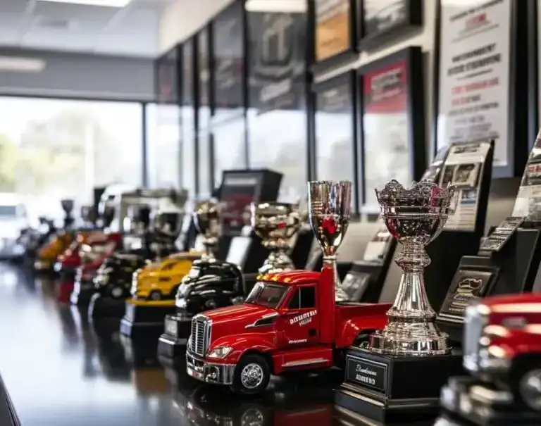 Box trucks and award figurines symbolizing excellence in box truck dispatch services